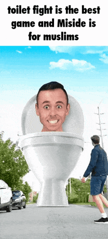 a toilet with a man 's head sticking out of it