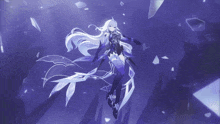 a girl with long white hair is flying through the air
