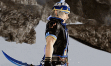 a video game character is holding a blue sword and wearing a blue and yellow headband