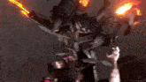 a robot is flying through the air with flames coming out of its eyes