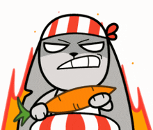a cartoon rabbit is holding a carrot and wearing a red and white striped hat
