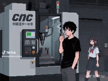 a pixel art of a man smoking a cigarette next to a machine that says cnc