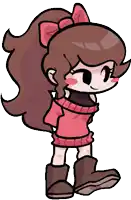 a cartoon girl is wearing a red sweater and brown boots .