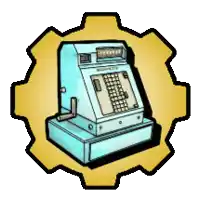 a drawing of a cash register with a gear in the background