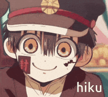 a close up of a cartoon character with a hat and the word hiku on the bottom