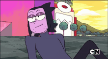 a cartoon character from cartoon network is sitting on the ground