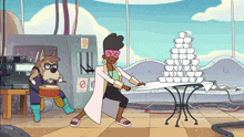 a cartoon character is standing next to a stack of cups
