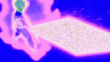 a cartoon character is surrounded by a purple and pink glowing sphere .
