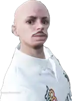 a bald man with a mustache is wearing a white shirt with venus mirror park written on it