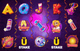 a purple background with a bunch of colorful icons and the words stake and bonus
