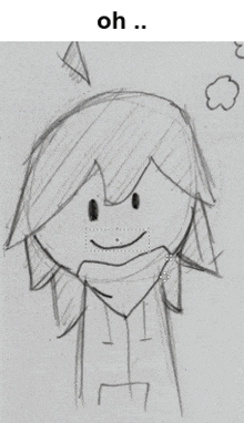 a black and white drawing of a person with the word oh above it