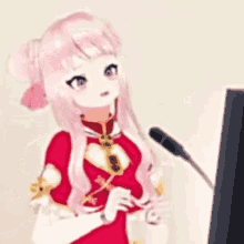a 3d anime girl is standing in front of a microphone .