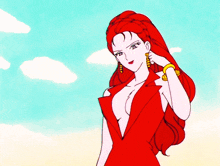 a woman with red hair is wearing a red dress