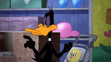 a cartoon duck is standing next to a baby duck in a stroller