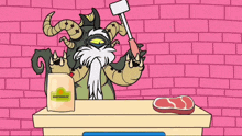 a cartoon drawing of a monster holding a hammer and a bottle of mayonnaise