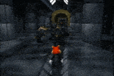two cartoon characters are walking through a tunnel with a teddy bear on a throne