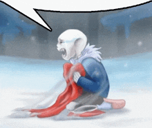 a cartoon character is kneeling in the snow with a red scarf around his neck .