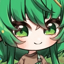 a close up of a chibi girl with green hair and green eyes .