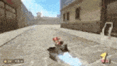 a person is flying through the air in a video game on a brick road .