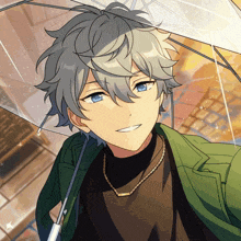 a boy with gray hair is holding an umbrella and smiling