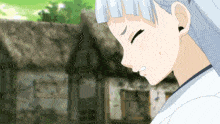 a girl with white hair is standing in front of a thatched roof building