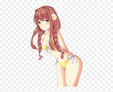 a girl in a yellow bikini with a flower on her head