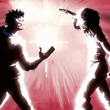 a drawing of two people standing next to each other with a light behind them