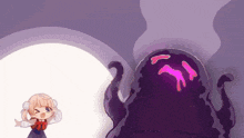 a little girl is standing next to a giant purple monster with tentacles .