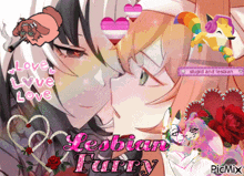 a picture of a couple kissing with the words lesbian furry on it