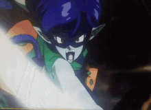 a close up of a cartoon character with blue hair and a green shirt