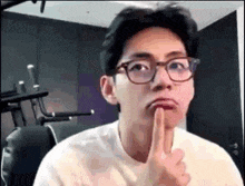 a man wearing glasses is making a funny face while holding his finger to his lips .