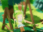 a little girl with blonde hair is sitting on a wooden swing in a video game .