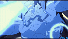 a man in a blue suit is shooting a lightning bolt
