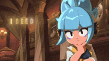 a cartoon character with blue hair is standing in front of a sign that says i need