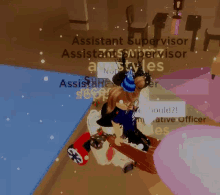 a girl in a party hat is standing next to a red car in a room in a video game .