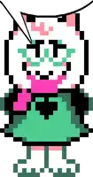 a pixel art of a cat with a pink scarf around its neck