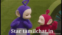a purple and a red teletubbies standing next to each other