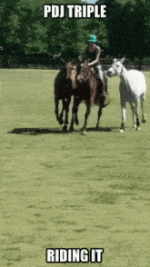 a woman riding a horse with the words pdj triple riding it
