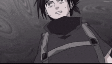 a black and white drawing of a boy with a scarf around his neck and the word anime on the bottom right