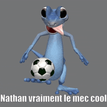 a cartoon of a lizard holding a soccer ball with the words nathan vraiment le mec cool underneath it