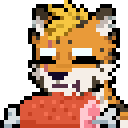 a pixel art drawing of a tiger holding a strawberry