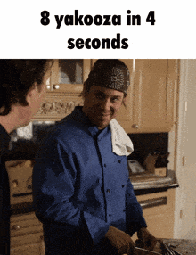 a man in a blue jacket is standing in a kitchen with the words 8 yakkooza in 4 seconds on the bottom