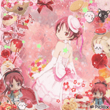 a picture of a girl in a wedding dress is surrounded by desserts and a picmix sticker