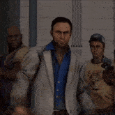 a man wearing a bull shirt holds a gun