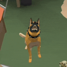 a dog with spikes on its collar is standing in front of a dog house