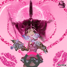 a pink background with a picture of a girl and a man and the word picmix on the bottom