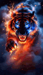 a tiger with blue eyes is surrounded by fire