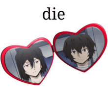 a pair of red heart shaped mirrors with the word die on top