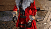 a person wearing a red coat with a fur trim
