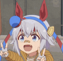 a little girl with a bandage on her nose is giving a peace sign